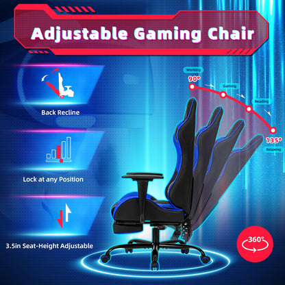 ECOTOUGE PC Massage Gaming Chair with Footrest Ergonomic Office Desk Chair Racing PU Leather Recliner Swivel Rocker with Headrest and Lumbar Pillow, Blue