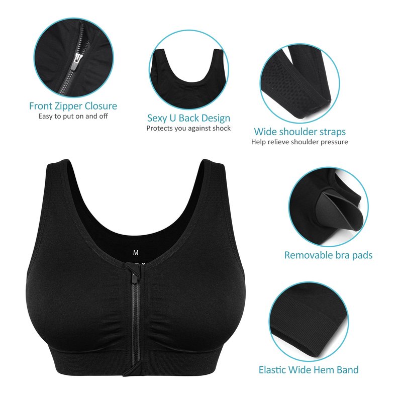 Women's Wireless Padded Sports Bras - Zip Up Racerback Comfortable Post Op Bras 3 Pack