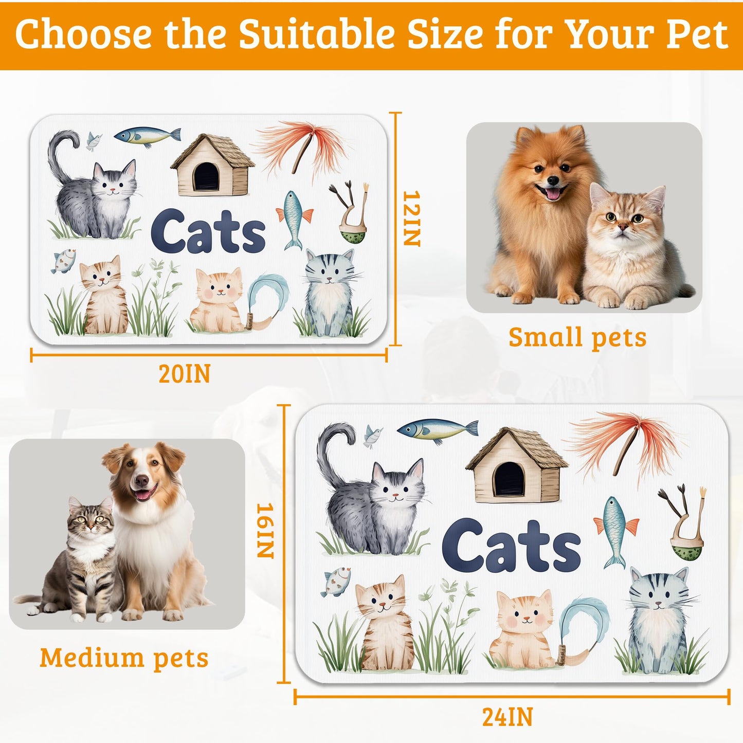 Cats Dog Food Mat,Cute Fun Absorbent Pet Feeding Mat for Food and Water Bowl,Quick Dry Dog Placemat Non Slip Rubber Backing Waterproof Pet Supplies 12" x 20"