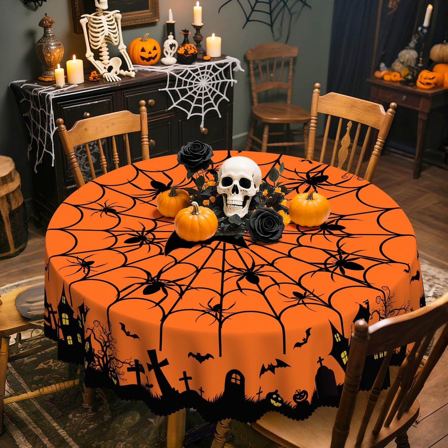 Eikione Round Halloween 60In Tablecloth, Haunted House Decorative Table Cloth, Waterproof and Washable Fabric Table Cover for Party Kitchen Dining Room