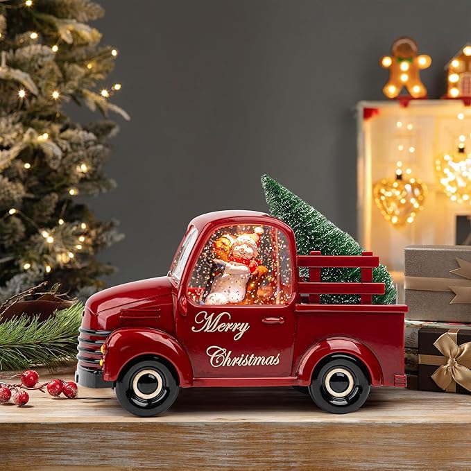 Christmas Snow Water Lantern Glittering Snowman and Pup in Red Truck with Christmas Tree, USB Lined/Battery Operated Lighted Spinning Lantern for Christmas Festival Decoration Gifts