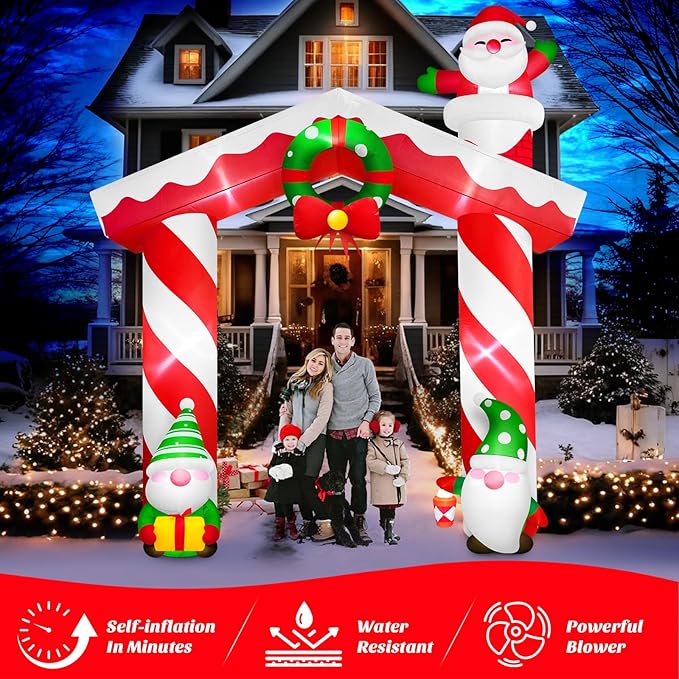 Danxilu 10 FT Giant Christmas Inflation Archway Outdoor Decoration, Blow Up Yard Decorations with Gnomes & Santa Claus Built-in LEDs Xmas Inflatable Arch for Outside Garden Lawn Holiday Party Decor