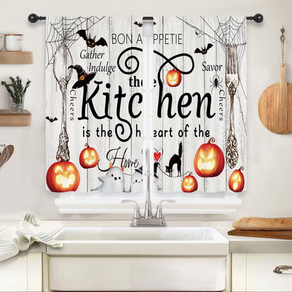 Riyidecor Halloween Rustic Farmhouse Kitchen Curtains Short Small Ghost Pumpkin Bat Spider Web Fork Spoon Rod Pocket Wood Plank Board Cool Bedroom Living Room Treatment Fabric 2 Panels 27.5Wx39H Inch
