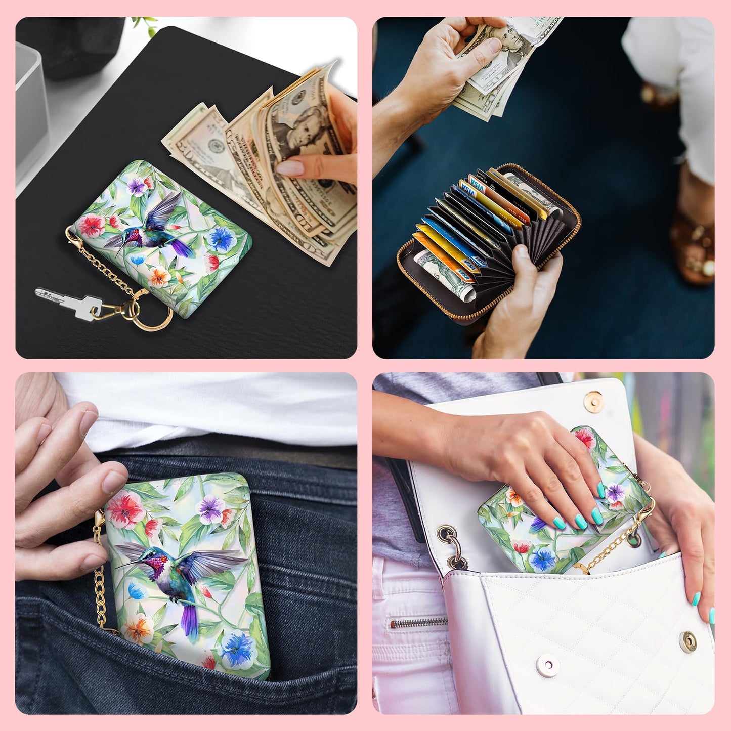 Blusabaca RFID Wallet, Credit Card Holder for Women, Bird Small Wallet with Card Slots Zipper, Leather RFID Card Holder, Card Keychain Wallet, Card Case RFID Blocking Accordion Gift