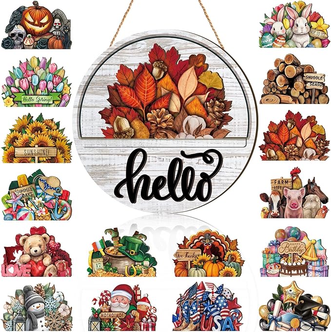 Yousoontic 17 Pcs 12 Inch Magnetic Welcome Door Sign Interchangeable Front Door Decor Rustic Fall Seasonal Hanging Sign Halloween Christmas Decor for Home Warming Gift(Lovely Color,Hello)