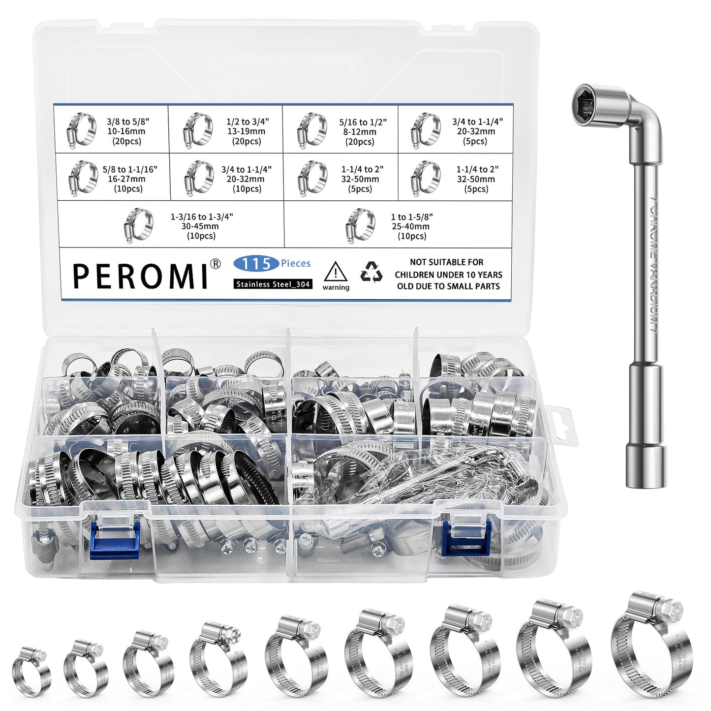 115pcs Heavy Duty Hose Clamps Set, 304 Stainless Steel Worm Gear Drive Hose Clamp Metal Fuel Line Pipe Clamp for Plumbing, Automotive And Mechanical Application