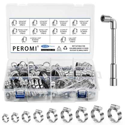 115pcs Heavy Duty Hose Clamps Set, 304 Stainless Steel Worm Gear Drive Hose Clamp Metal Fuel Line Pipe Clamp for Plumbing, Automotive And Mechanical Application