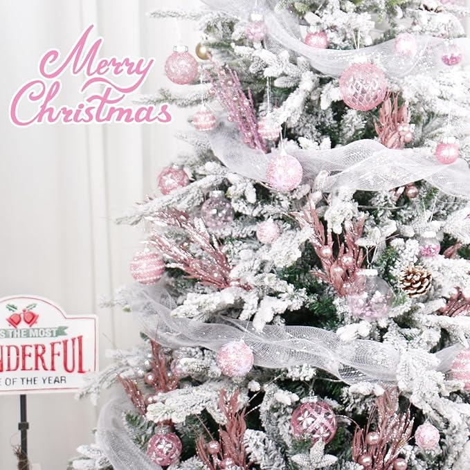 Super Holiday Christmas Ball Ornaments, 33PCS Pink Clear Shatterproof Plastic Foam Ornaments Set for Hanging Xmas Tree Holiday Thanksgiving Valentine's Day Party Decor.