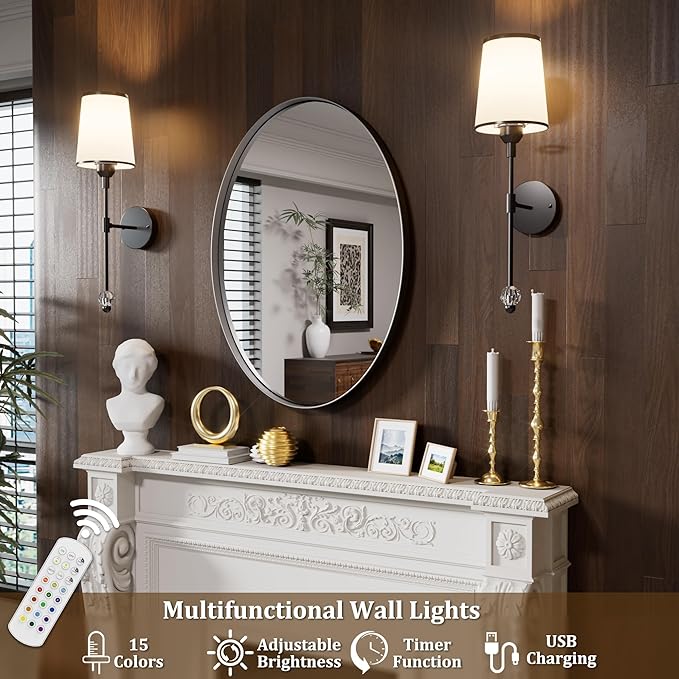 PAIHOME Wall Sconces Set of Two Battery Operated, Rechargeable Wireless Sconces with 5000mAh, 15 Colors Remote Control Dimmable Black Wall Sconce for Bedroom Living Room Bathroom Hallway Wall Decor