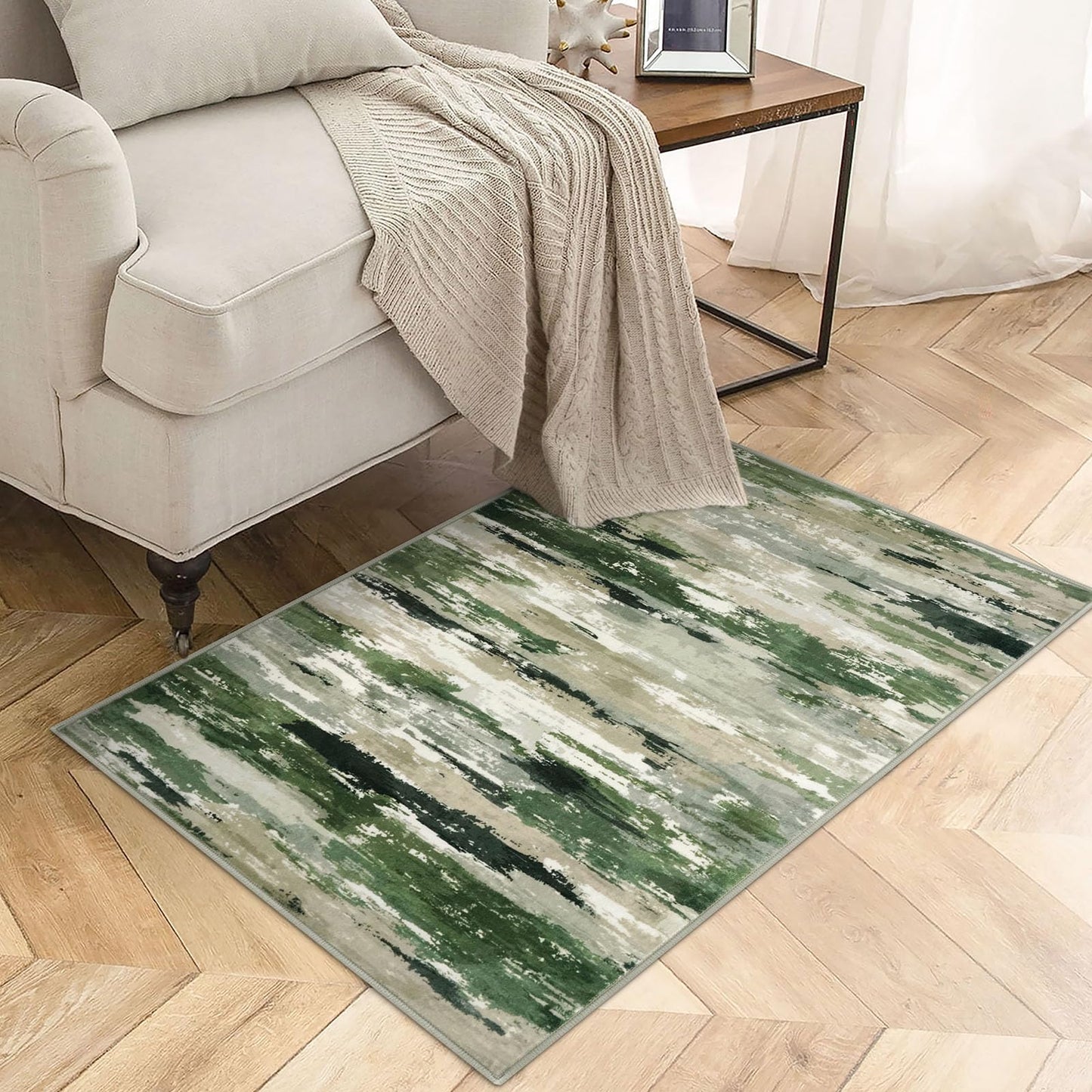 SILOLOOM Washable Entryway Rug Small Abstract Area Rug 2x3, Non-Slip Kitchen Rugs Soft Thin Indoor Door Mat, Printed Faux Wool Throw Rugs Floor Carpet for Bedroom Entry Front Door Sink, Green