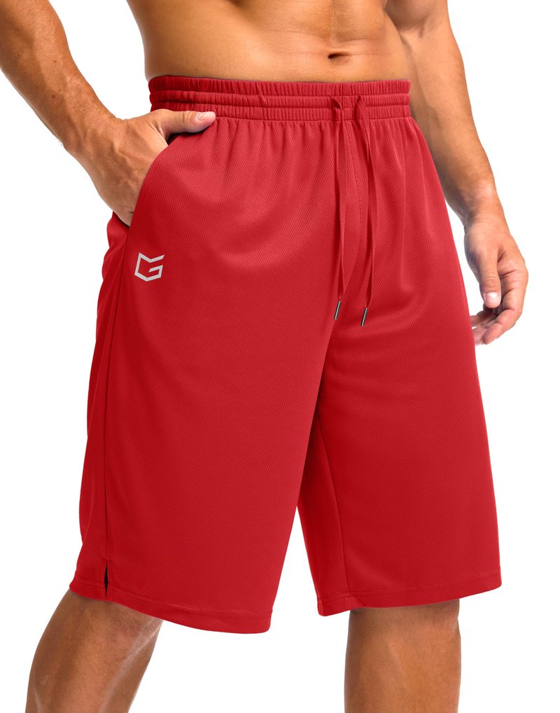Men's Athletic Shorts with Pockets 9" / 11" Long Basketball Shorts Lightweight Quick Dry Gym Workout Shorts for Men(Red,S)