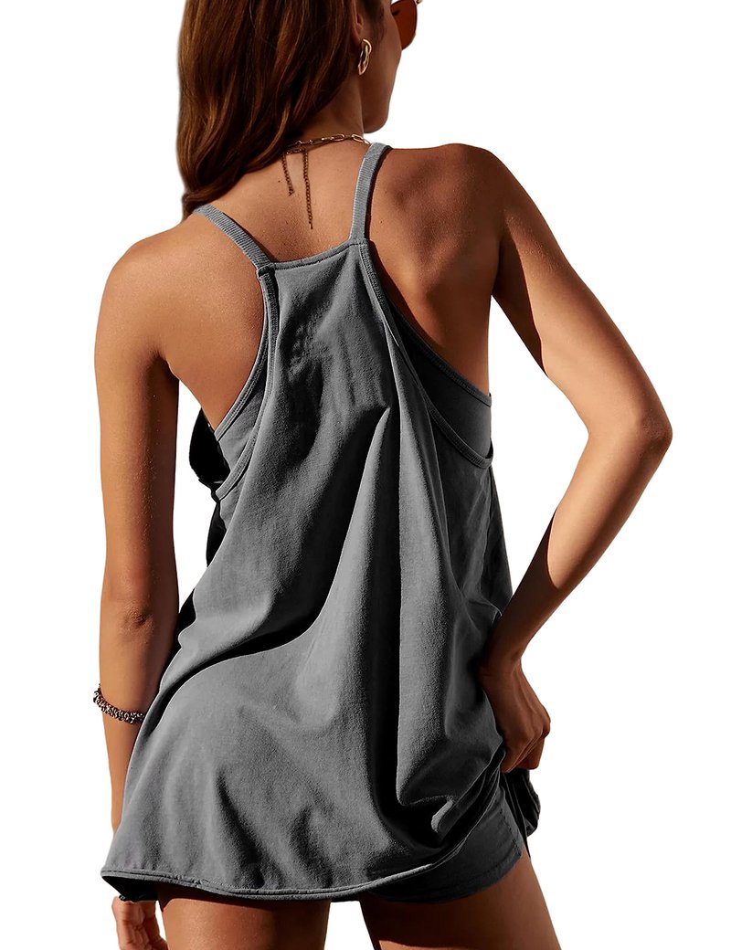 Lentta Womens Athletic Sleeveless Mini Dress with Built-in Shorts V Neck Spaghetti Strap Sundress(Darkgrey-L)