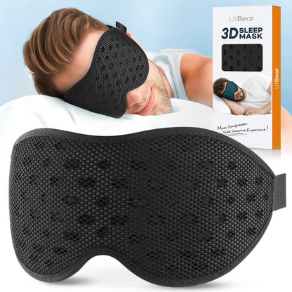 LitBear Breathable Sleep Mask, 3D Eye Mak Sleep for Side Sleepers Women Men, Light Blocking Sleeping Mask with Adjustable Strap, Soft Lightweight Eye Cover for Travel, Night Work, Nap, Office - Blue