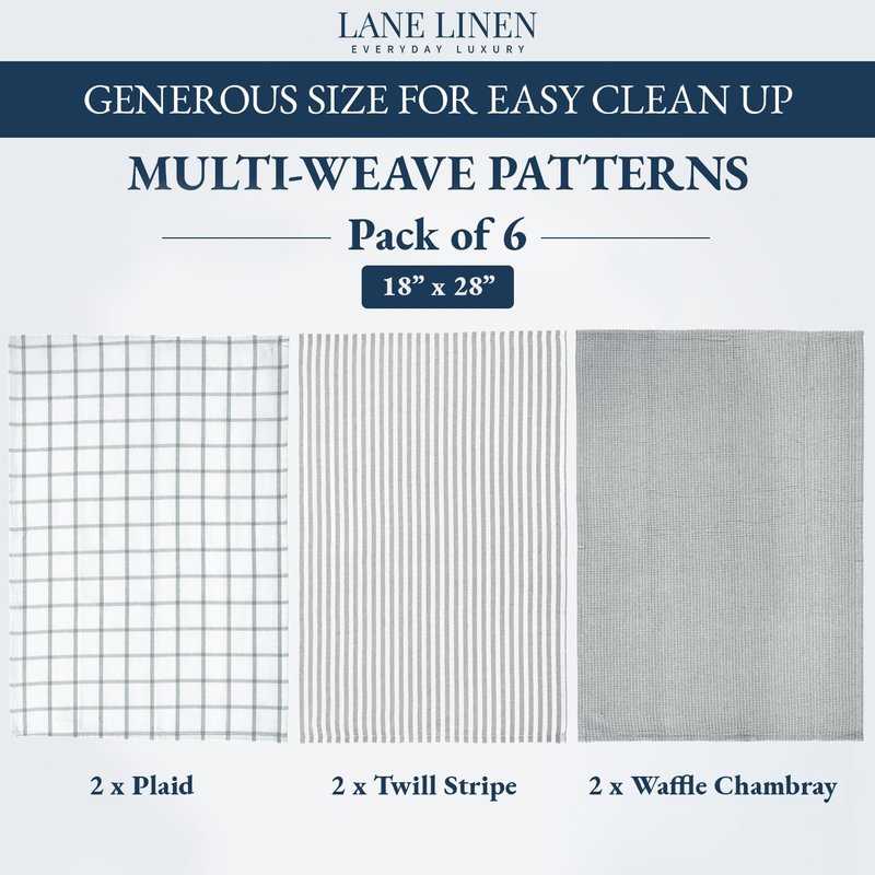 LANE LINEN Cotton Kitchen Towels and Dish Cloths Set, 6-Pack – Absorbent, Quick-Drying Dish Towel, 18" x 28", Soft, Premium Hand and Tea Towels - Grey
