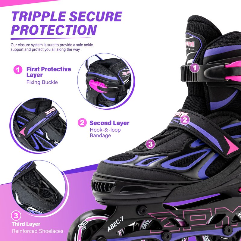 2PM SPORTS Vinal Girls Adjustable Inline Skates with Light up Wheels Beginner Skates Fun Illuminating Roller Skates for Kids Boys and Ladies… (Violet & Magenta, Large - Youth (4Y-7Y US))