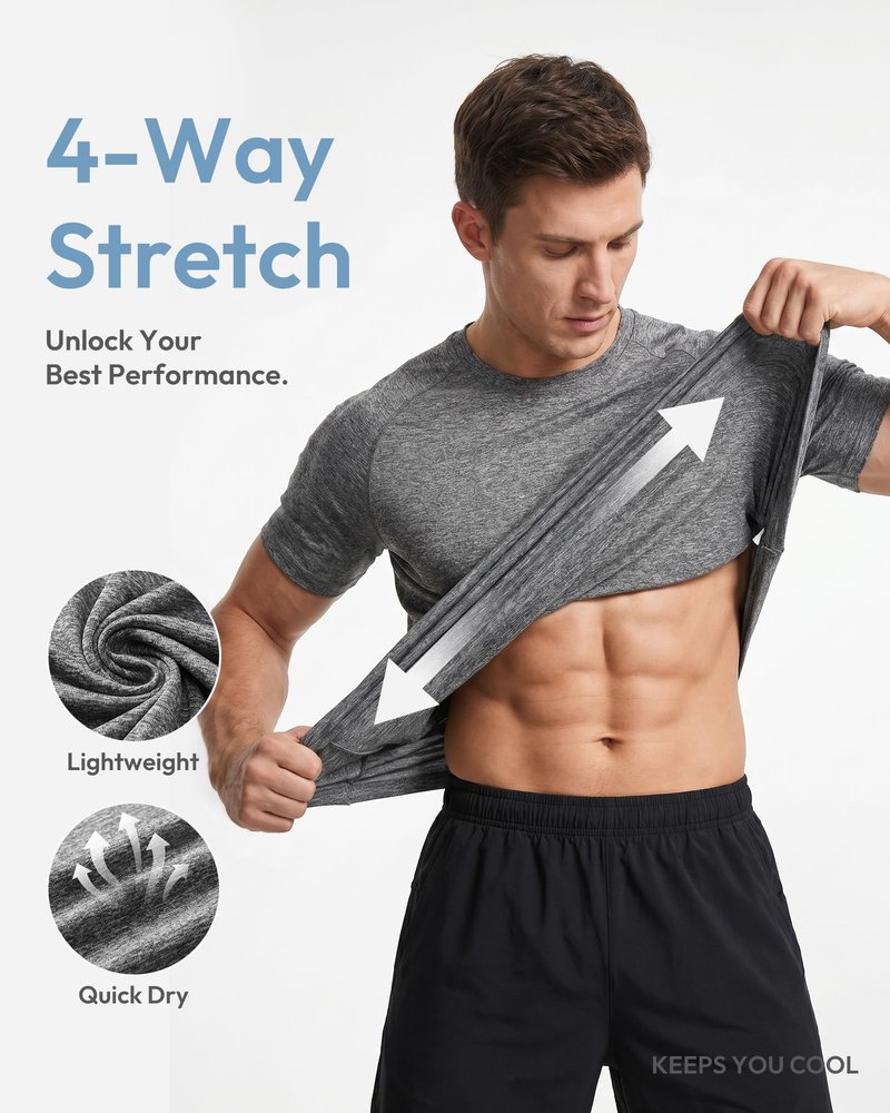 MCPORO Workout Shirts for Men Short Sleeve Quick Dry Athletic Gym Active T Shirt Moisture Wicking 5 Pack Black, Dark Grey, Light Grey, Dark Blue, Aqua Medium