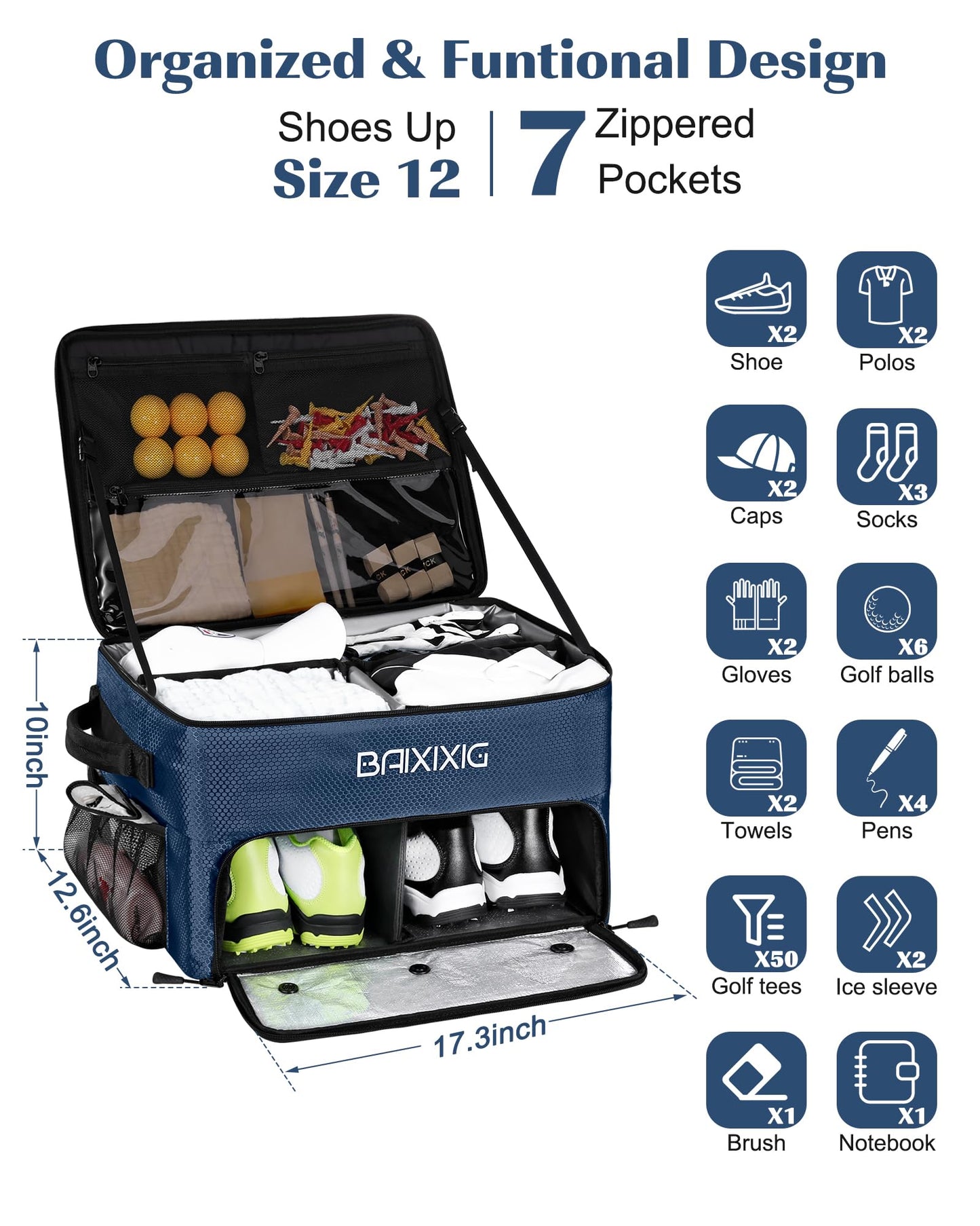 BAIXIXIG Golf Trunk Organizer, 2-Layer Storage with Shoe Pocket, Storage for Golf Accessories, Gifts for Golfers, Blue