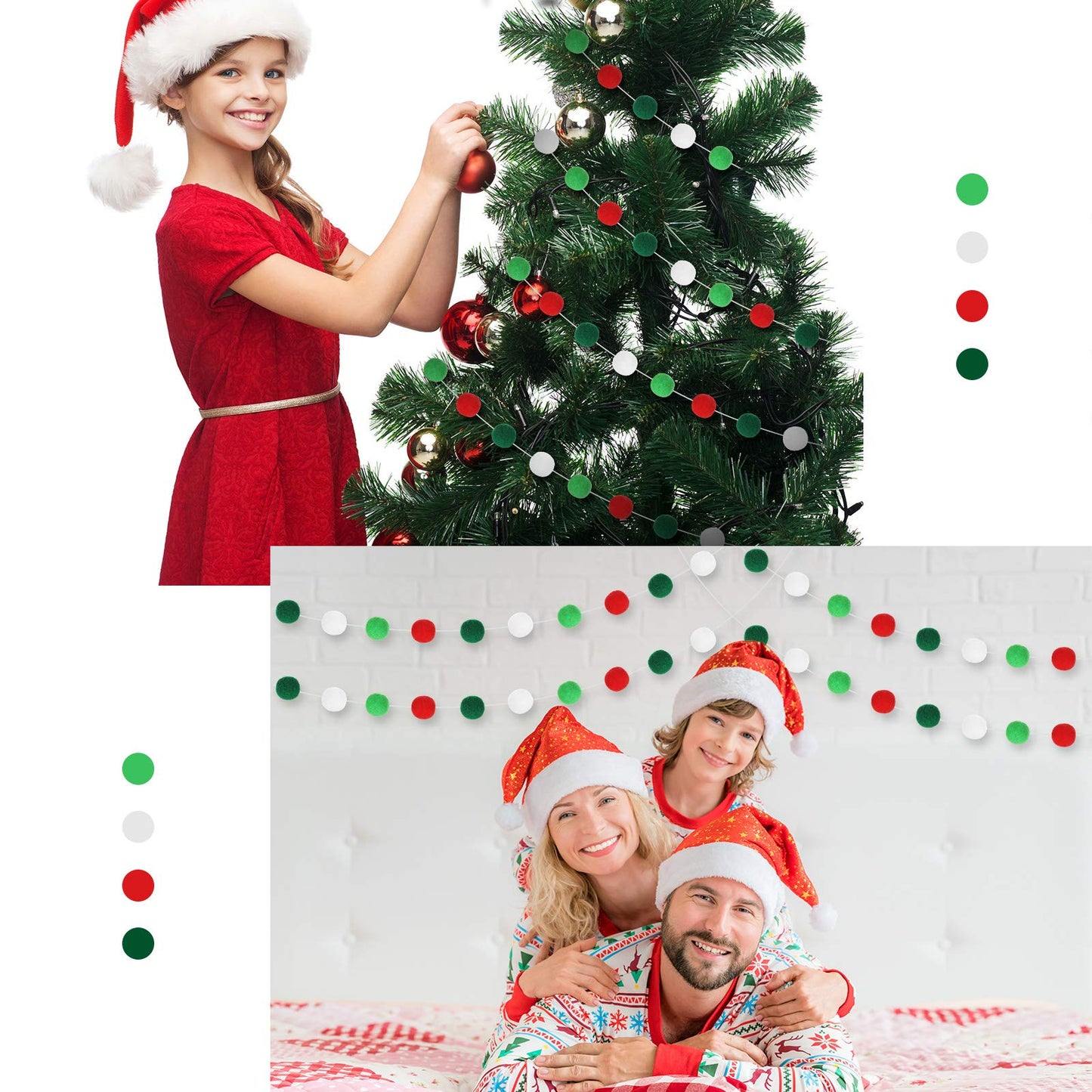 WILLBOND 4 Pack 39.4 ft Christmas Pom Pom Garlands Decorations with 128 Pcs Red Green White Felt Balls Hanging Garlands for Xmas Party Tree Ornaments Home Wall Supplies