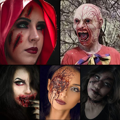 Professional Halloween SFX Special Effects Makeup Kits, Fake Blood, Scab Coagulated Blood Gel, 12 Colors Face Body Paint, Wound Modeling Scar Wax With Spatula Tool, Brushes, Stipple Sponge, Adhesive