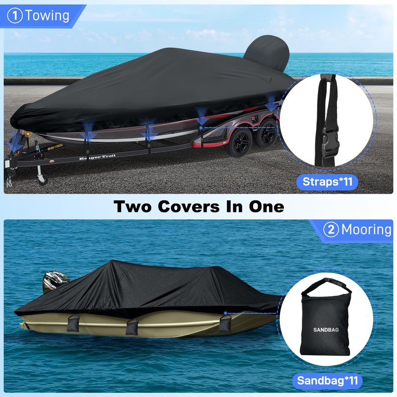 Caminor Boat Cover 16-18.5ft, Bass Tracker Boat Cover with Sand Bag Mooring Kit, 1200D Marine Canvas Waterproof Heavy Duty Boat Covers for 16 feet 17ft 18' Foot V Hull Bass & Runabout Boat,Black