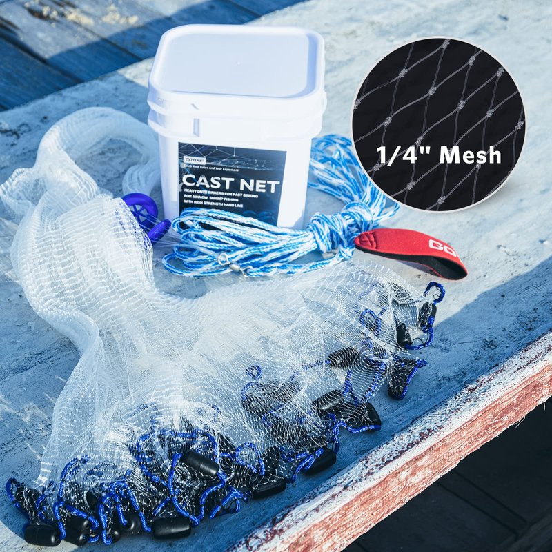 Goture American Fishing Cast Net,Casting Nets Freshwater Saltwater for Bait Fish Shrimp Trap 3ft/4ft/6ft/7ft/8ft/10ft/12ft Radius 1/4 3/8 inch Mesh Size,Throw Fishing Castnet