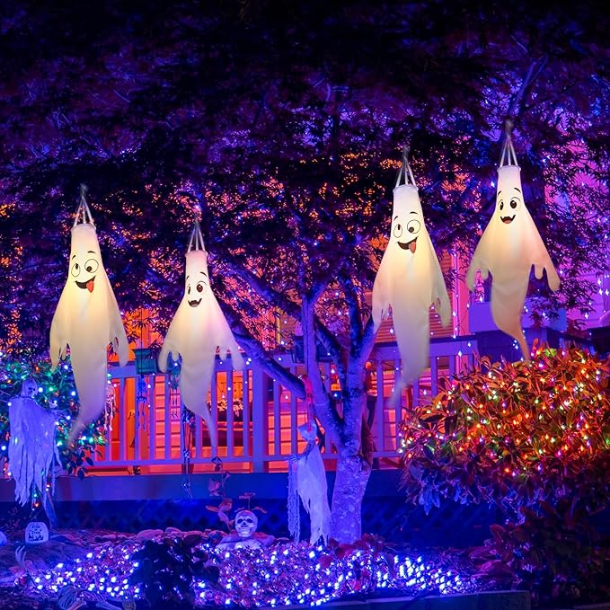 Halloween-Decorations-Outdoor Hanging-Ghost Windsocks for Trees with Timer, LED Ghosts to Hang in Tree Porch Yard, Waterproof, Timer, 4 Pcs (No Batteries)