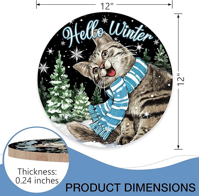 Deroro Hello Winter Cat Black Front Door Sign, Kitty Kitten Pine Tree Snowflakes Wood Door Hanger Outdoor Outside Porch Decor, Christmas Holiday Seasonal Wooden Wreath Indoor Wall Hanging Decoration