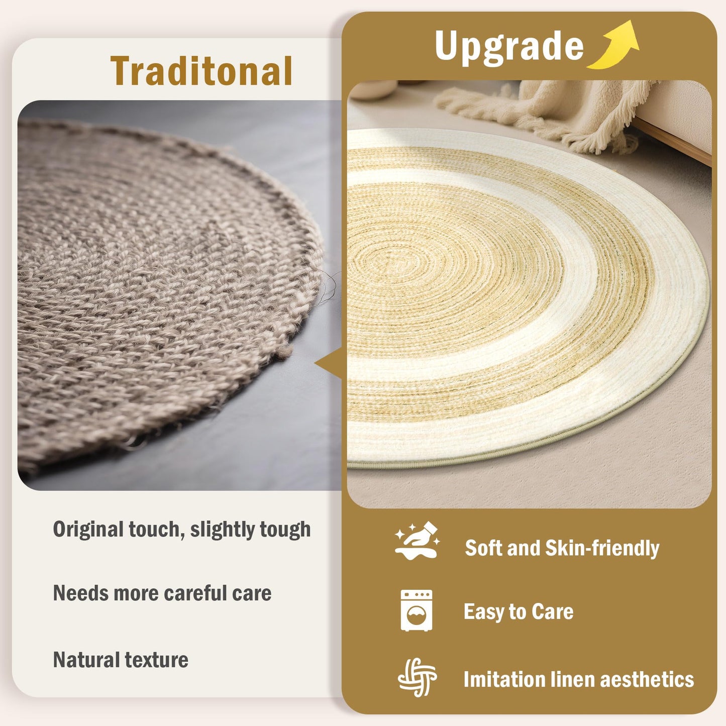 Carvapet Faux Jute Round Rug 5ft – Jute-Like Pattern Design Washable Low Pile Area Rug with Non-Slip Rubber Backing, Soft Natural Look Decorative Circle Carpet for Living Room