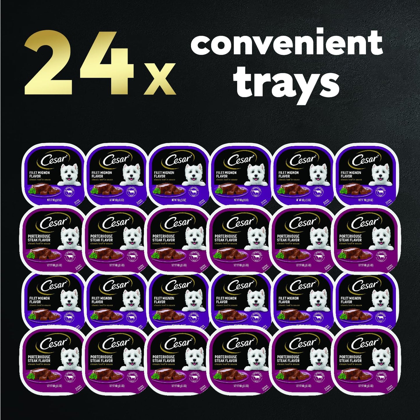 Cesar Wet Dog Food Classic Loaf in Sauce Filet Mignon and Porterhouse Steak Flavors Variety Pack, 3.5 oz. Easy Peel Trays (12 Count, Pack of 2)