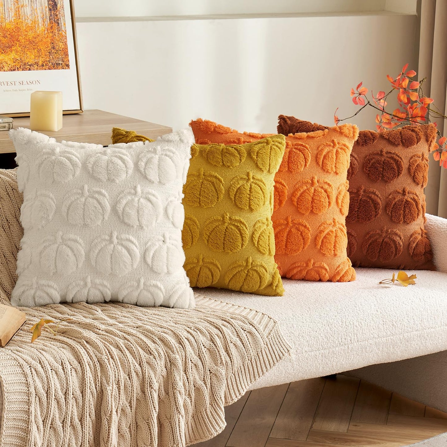 MIULEE Fall Throw Pillow Covers 18x18 Set of 2 Autumn Decorations Beige Pumpkin Accent Pillowcase for Sofa Couch Porch Bed Living Room Soft Plush Faux Fur Halloween Farmhouse Home Decor
