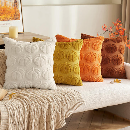 MIULEE Fall Throw Pillow Covers 18x18 Set of 2 Autumn Decorations Beige Pumpkin Accent Pillowcase for Sofa Couch Porch Bed Living Room Soft Plush Faux Fur Halloween Farmhouse Home Decor