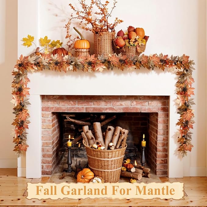 9 FT Fall Garland with Lights Timer Function Autumn Fall Leaves Garland with Berries Pine Cones Realistic Automatic ON/Off Timer Fall Decorations for Home Mantle Fireplace Porch Door Table