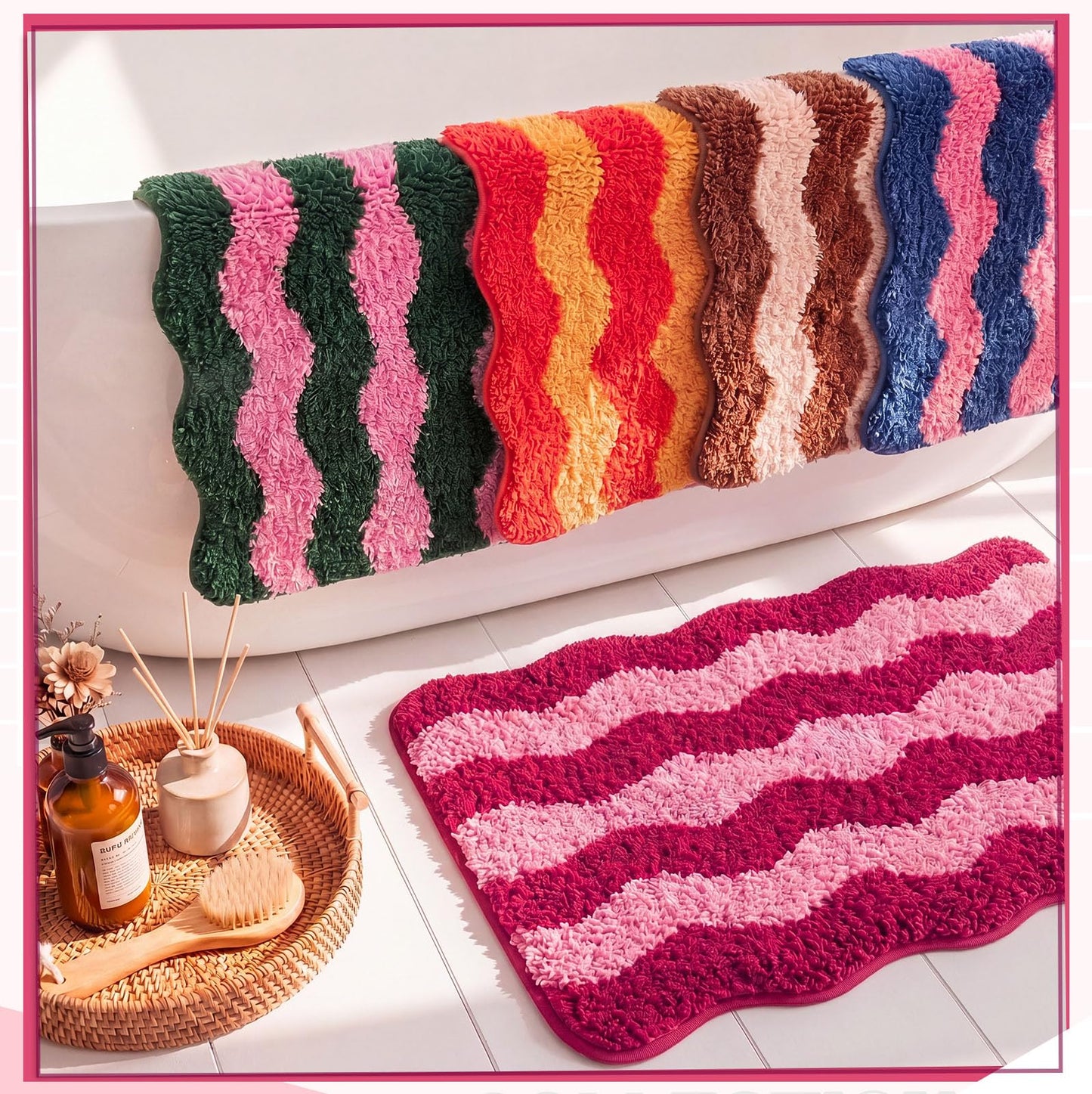 Nuanchu Cute Scalloped Bathroom Rug, Plush Tufted Absorbent Soft Wave Striped Bath Mat 24"x16", Non-Slip Washable Floor Carpet for Bathroom Bedroom Kitchen(Tomato & Pink)