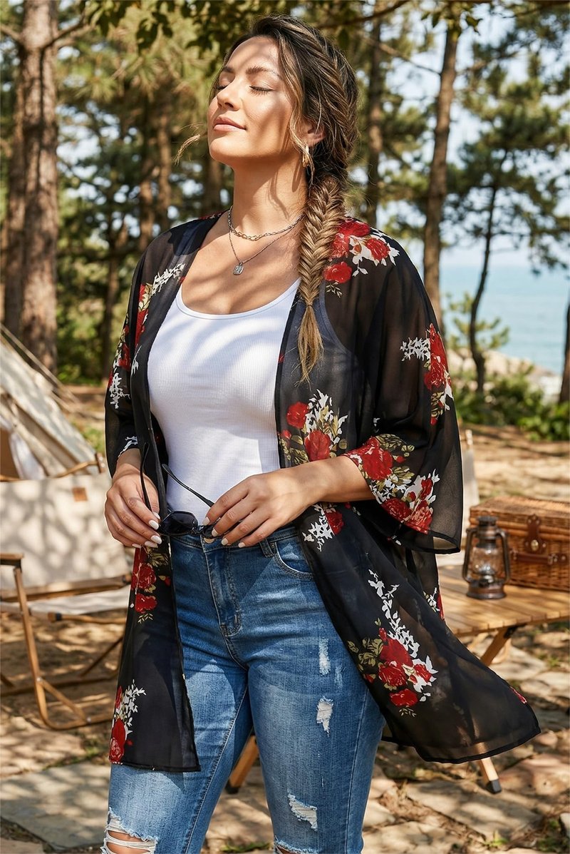 St Patricks Day Shirt Bathing Suit Cover Up Green Floral Kimono Cardigans Festival Tops(Black Green Clover, M)