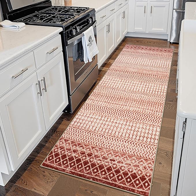 Moroccan Rug Runner 2x6, Terracotta Non Slip Washable Bathroom Rug Runners, Soft Low Pile Tribal Geometric Hallway Runner Rugs for Bedroom Kitchen Laundry Living Room