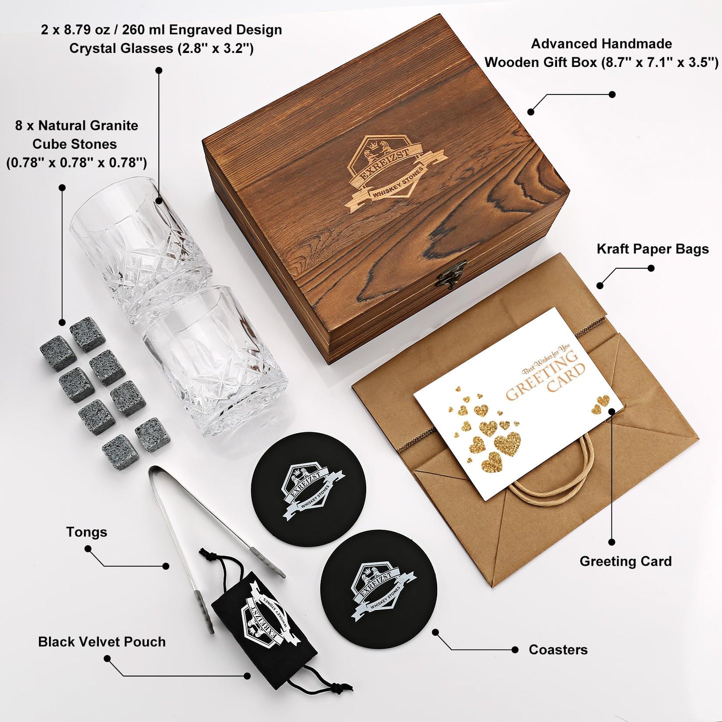 Whiskey Stones Gift Set - Whiskey Glass Set of 2 - Granite Chilling Whiskey Rocks - Scotch Bourbon Box Set -Father's Day Birthday Gifts for Men Drinking Gift for Dad Him Husband Party Holiday Present