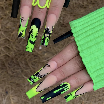 BABALAL Halloween Press on Nails Long Coffin Fake Nail Black Glue ons Green French Tip Ghost Design Acrylic False Nails Ballerina 24Pcs Manicure Full Cover Artificial