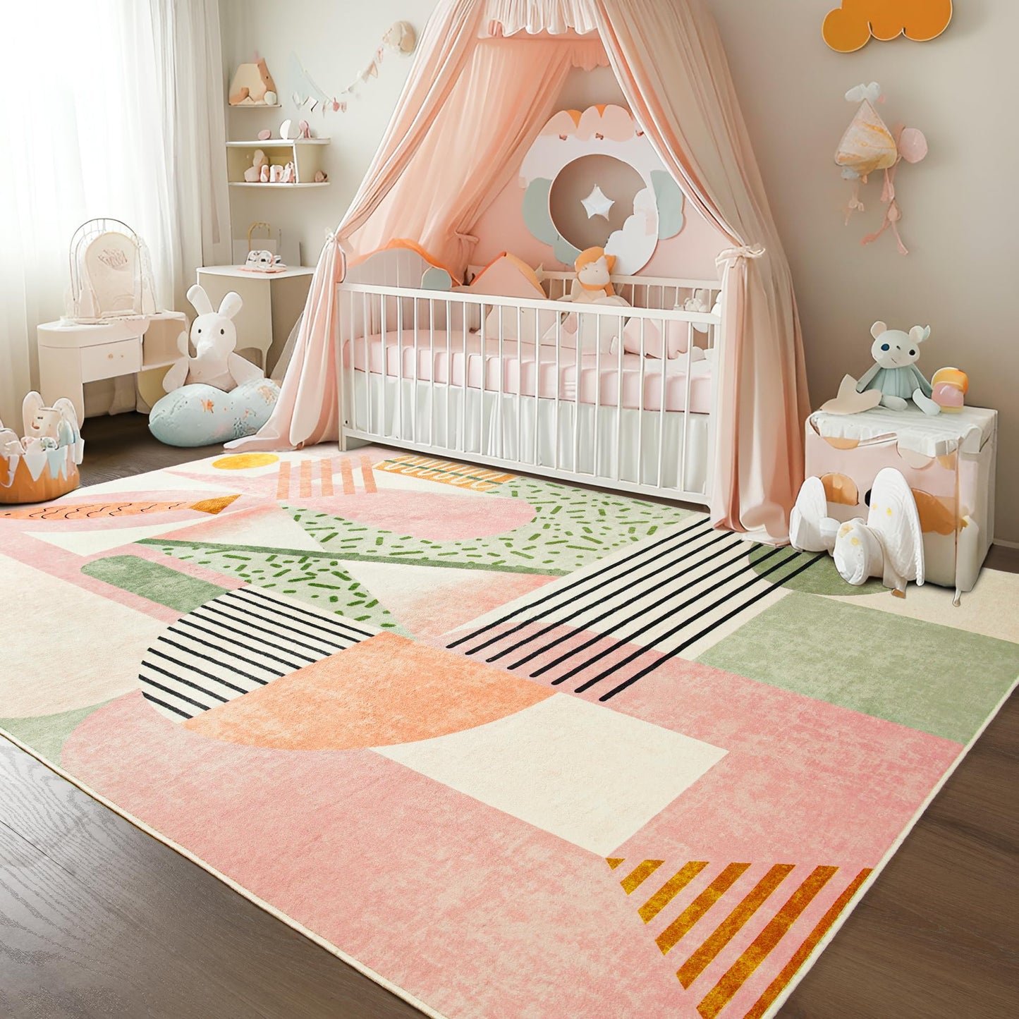 Tepook Pink Area Rug for Living Room, 8x10 Indoor Carpet for Bedroom Washable, Non-Slip Abstract Print Kids Rug for Nursery Playroom Classroom Dorm Office Dining Room
