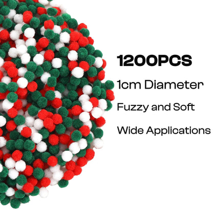 Caydo 1200 Pieces 1cm Christmas Pom Poms, Small Pompom Balls for Kids Creative Arts & Crafts Projects Making and DIY Decorations( Red, Green, White)