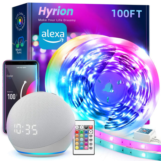 hyrion Smart LED Lights for Bedroom 100ft, Voice Control Strip Lights with Alexa and Google Assistant, RGB Color Changing, Music Sync WI-FI Led Lighting with App Controlled for Room Decor(2 * 51ft)