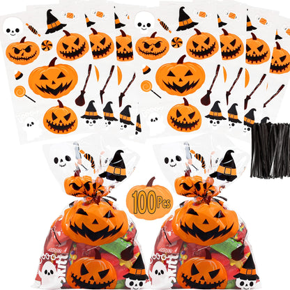 AnapoliZ Halloween Treat Bags | 100 pcs (6” x 9” Inch) |2.5 Mil Crystal Clear Cellophane Bags with Fun Scary Designs | Pumpkins, Witches Cello Bags | Halloween Party Decorations, Spooky Treat Bags