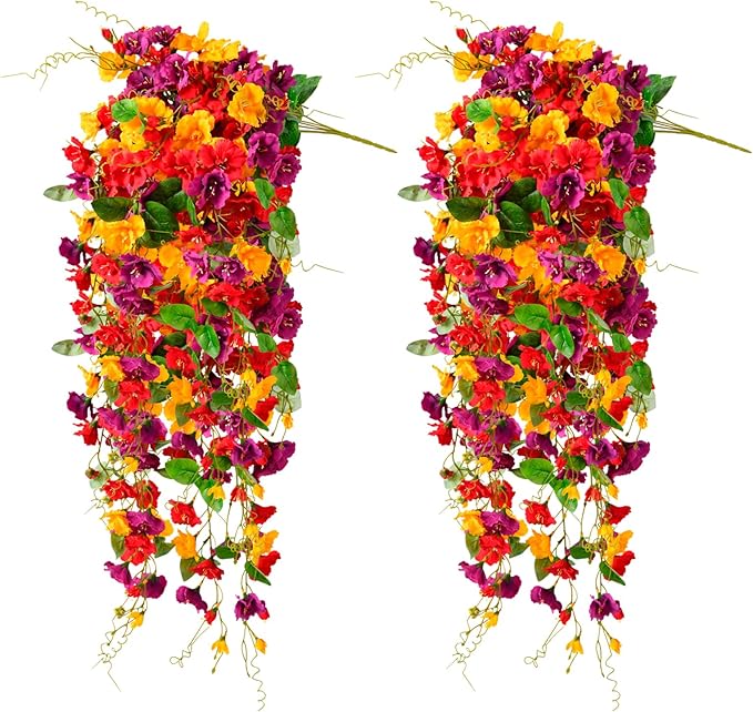 Artificial Flowers for Outdoors 2 Pack Fake Hanging Plants with Faux Hibiscus Flowers Summer Fall Decor UV Resistant Silk Leaves for Indoor Outdoor Front Door Porch Patio Planter Decor