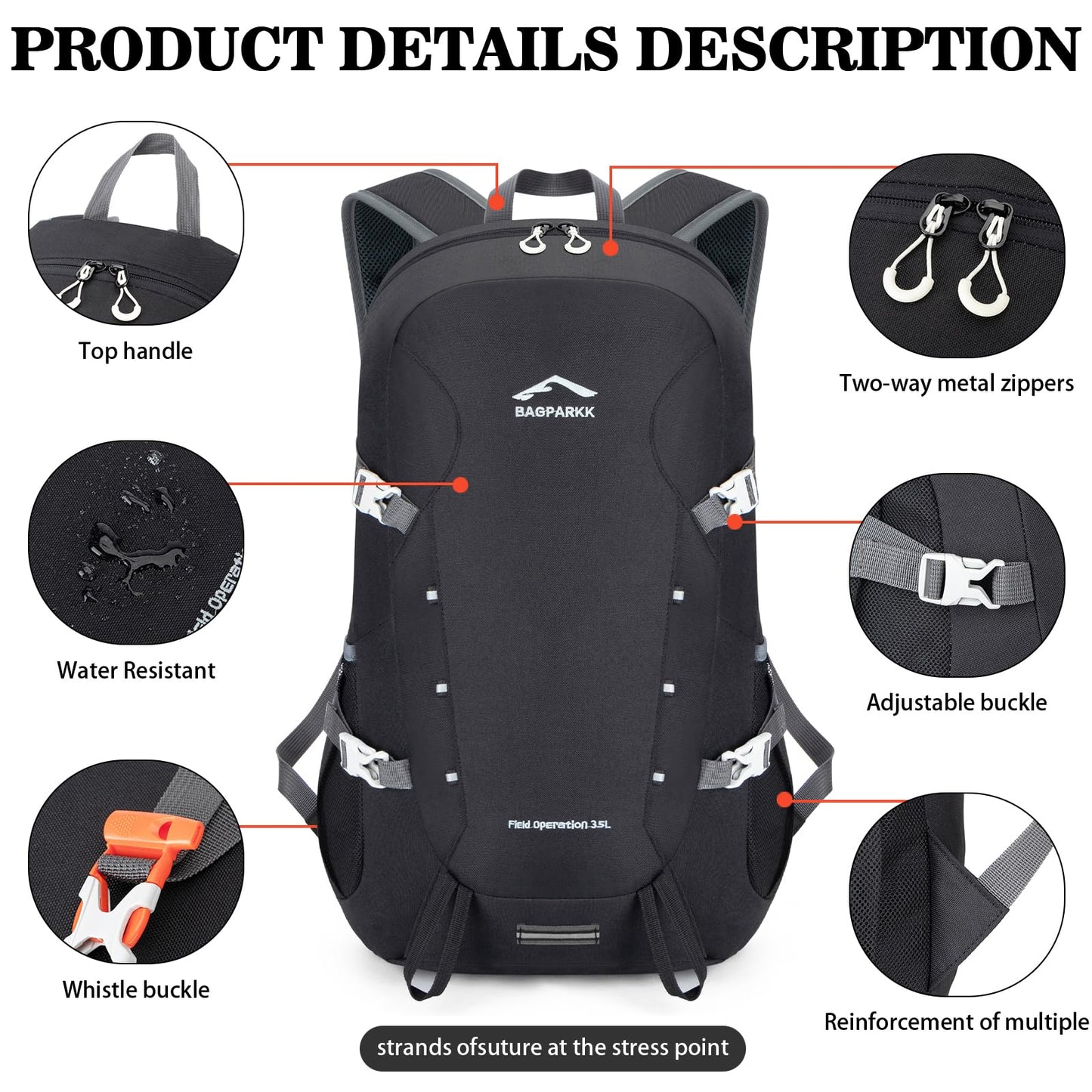 BAGPARKK 35L Lightweight Packable Travel Hiking Backpack Daypack,Water Resistant Camping Daypack (Black（35L）)