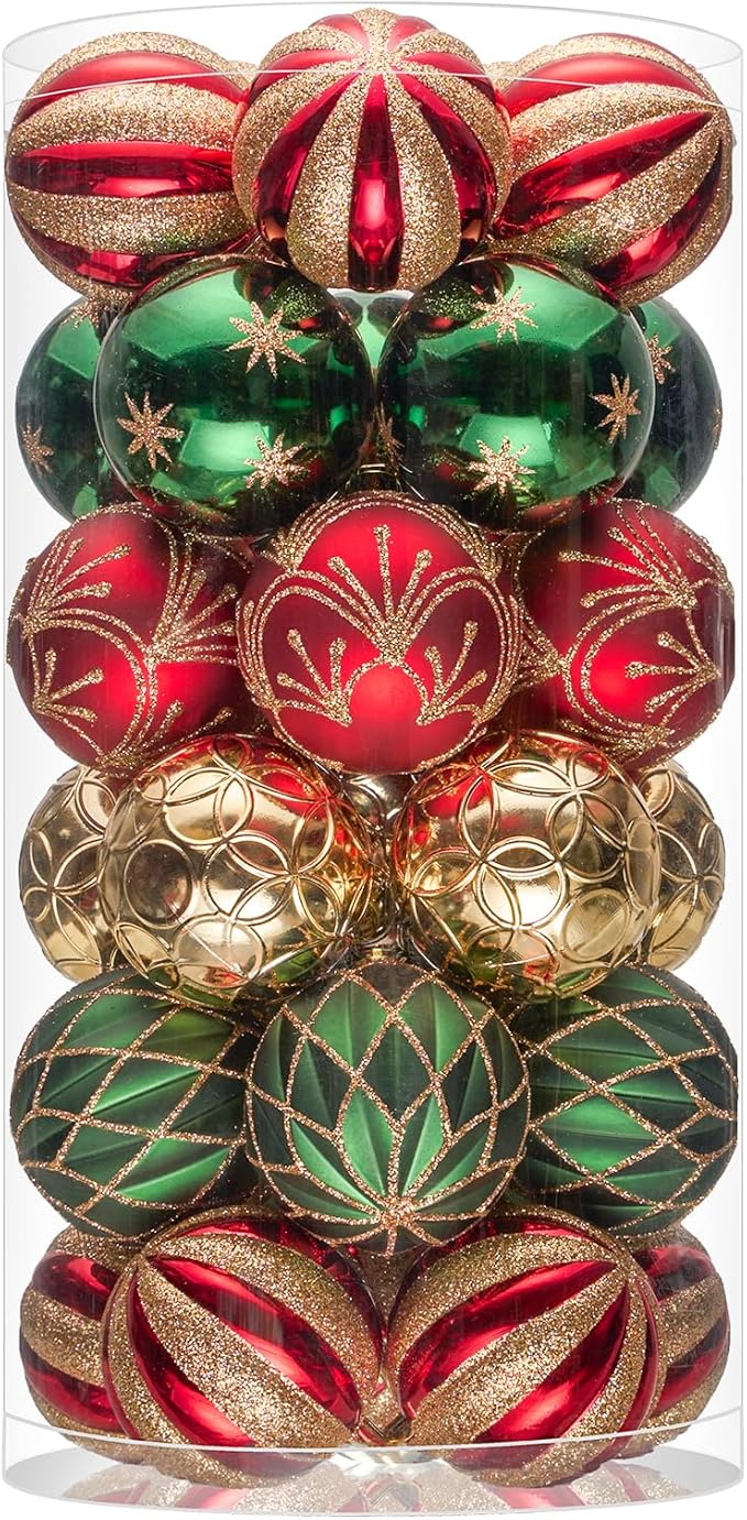 JORNOY Christmas Balls Ornaments, 30ct Shatterproof Xmas Tree Decorations, Hanging Bulbs Baubles Set with String for Holiday Home Party Decor, 2.36 inch/60mm, Red & Green & Gold