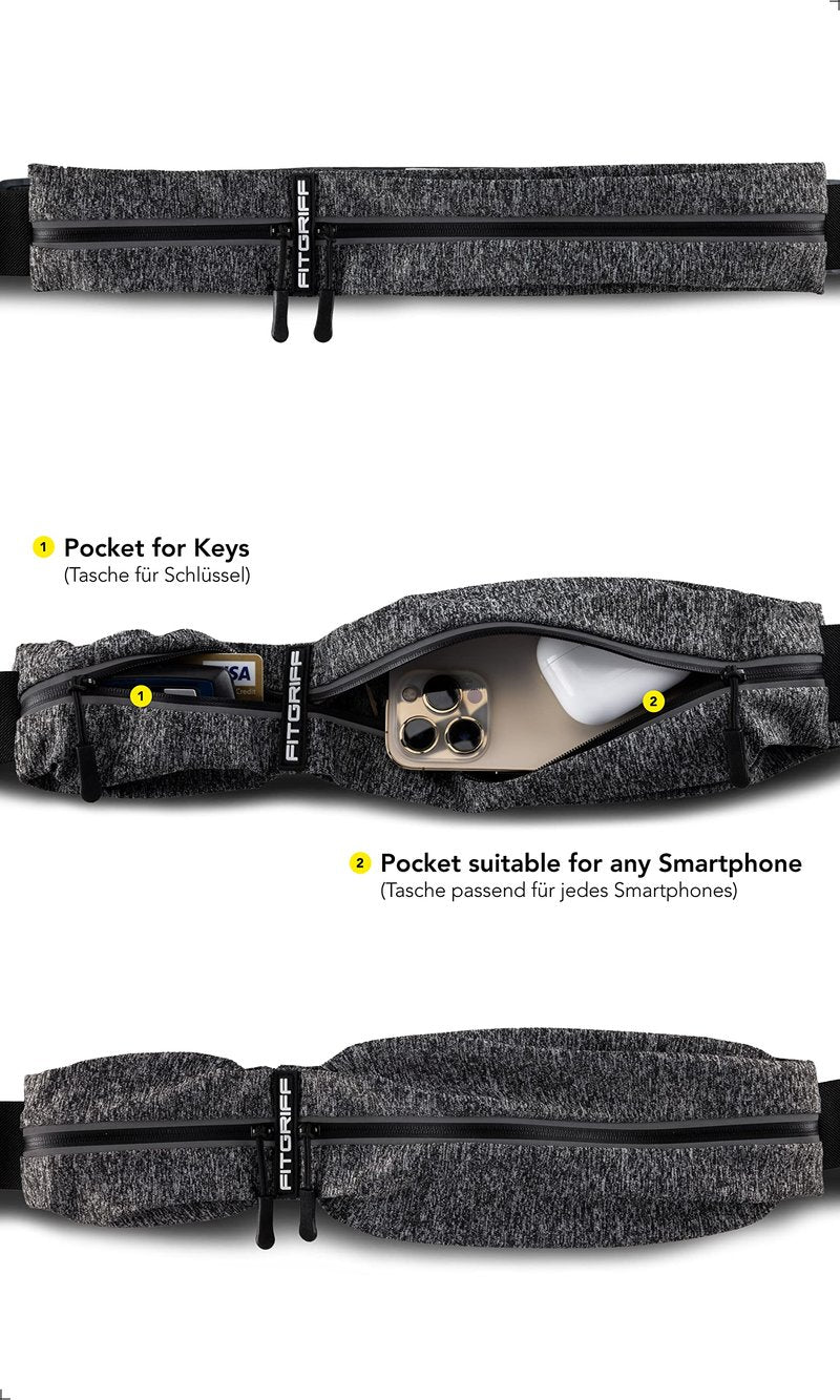 Fitgriff® Running Belt for Men & Women - Secure Jogging Pouch for Phone, Keys & Essentials - For All Cell Phones (Grey, 24.5" - 35.5" Waist Size)