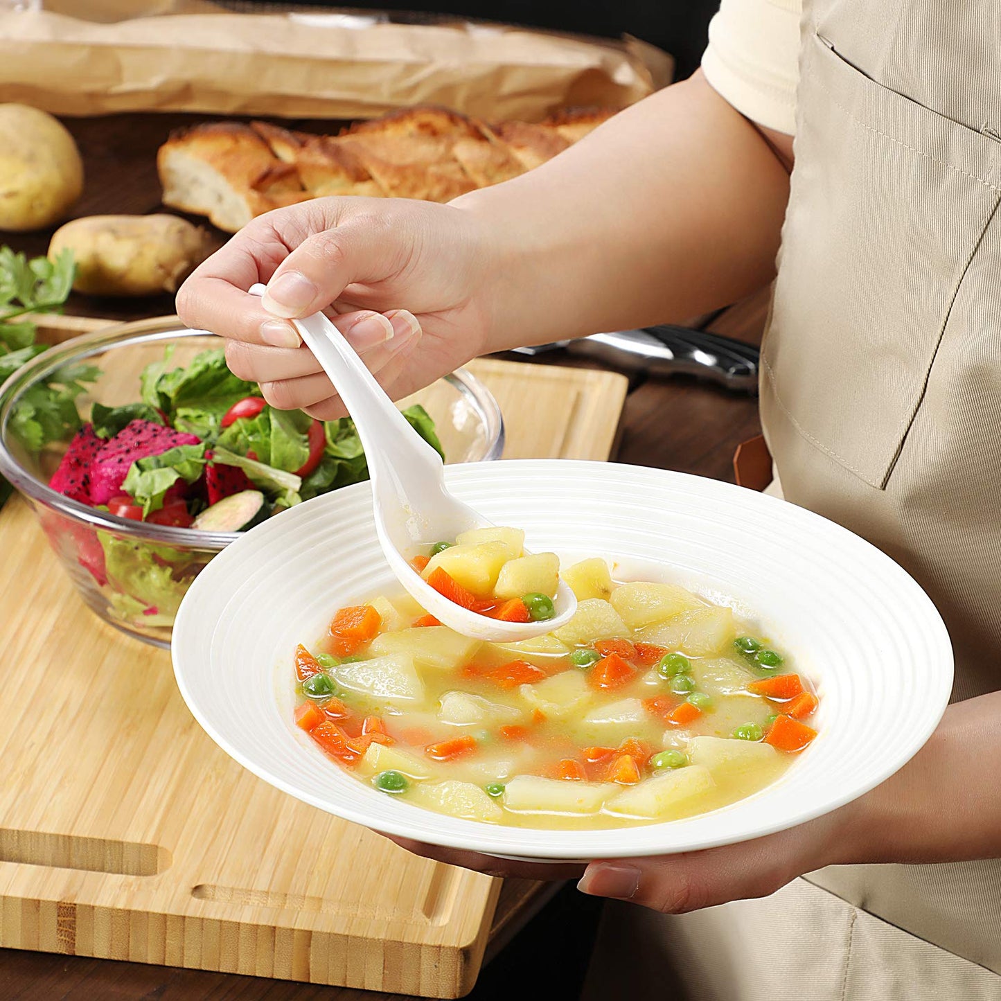 Hiware 12-piece Asian Soup Spoons, Rice Spoons, Chinese Won Ton Soup Spoon - Notch and Hook Style, White