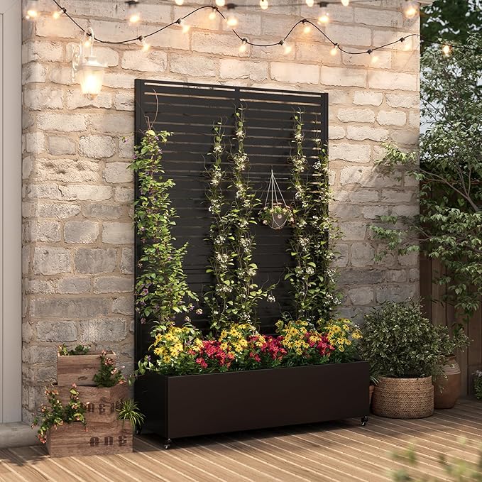 Metal Raised Garden Bed with Trellis & Wheels,72" x 47"x 15.7" Planter Box with Trellis,Privacy Planters for Patio,Garden Bed for Climbing Plants,Suitable for Climbing Plants and Vegetables,Black