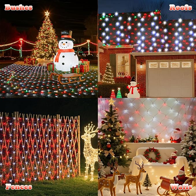 LitHome 14.8FT x 5FT Christmas Net Lights Outdoor, 300 LED Red White Bush Lights with 8 Modes, Connectable Waterproof Net Mesh Light Dark Green Wire for Bushes Shrubs Outdoor Christmas Holiday Decor