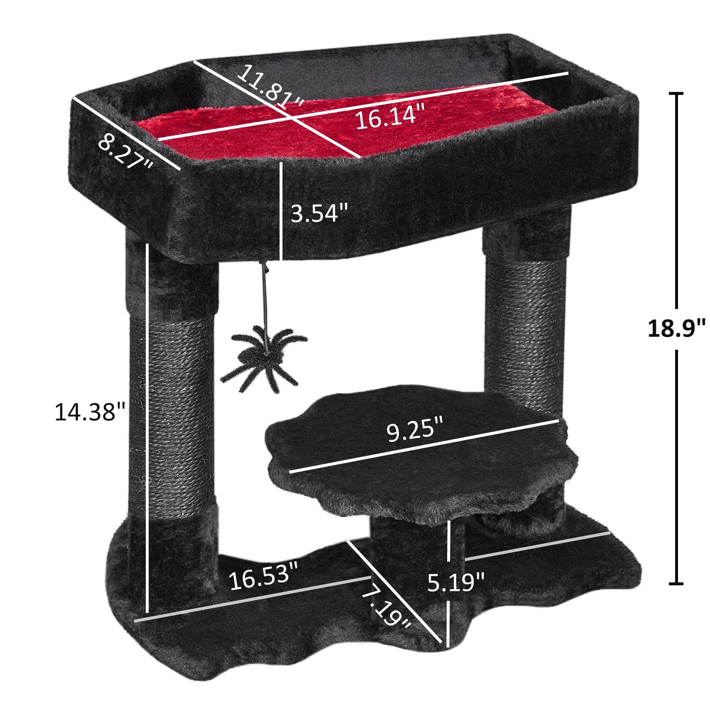 BEWISHOME Cat Tree Tower for Indoor Gothic Cat Trees with Coffin Bed, Halloween Cat House with Scratching Posts, Cat Shelves with Spider Toy, Spooky Coffin Black with Red, Small MMJ91R