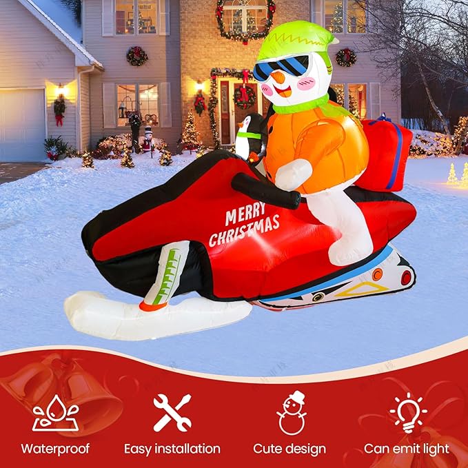 7FT Christmas Inflatable Snowman Motorcycle Decoration, Multi-color, LED Light, Weather Resistant